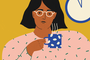 Digital art gif. Woman holds a steaming mug in her hand as she slowly falls asleep. She tilts her head and closes her eyes and then abruptly wakes back up.