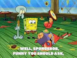 SpongeBob SquarePants gif. Squidward and SpongeBob stand perplexed next to Mr. Krabs, who's covered in food and lying on the floor of the disheveled Krusty Krab. Mr. Krabs says, "Well, SpongeBob, funny you should ask," which appears as text.