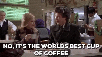 Movie gif. Will Ferrell as Buddy in "Elf" sits at a diner with Zooey Deschanel as Jovie, who holds a coffee cup. Very serious, Buddy says, "No, it's the world's best cup of coffee," which appears as text.