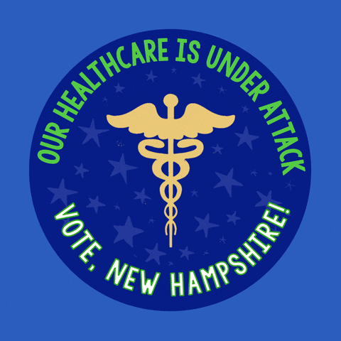 Digital art gif. Blue circular sticker against a light blue background features a yellow medical symbol of a staff entwined by two serpents, topped with flapping wings and surrounded by light blue dancing stars. Text, “Our healthcare is under attack. Vote, New Hampshire!”