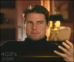 Celebrity gif. Actor Tom Cruise bursts into laughter and claps his hands during an interview.