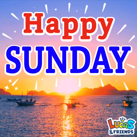 Text gif. The text, "Happy Sunday," is written in red, white, and blue against a sunset over a lake.