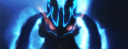 Pokémon gif. A mega lucario with glowing eyes gives us a menacing stare against a dark background. 
