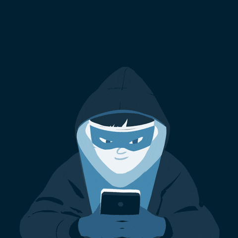 Digital art gif. Cartoon person wearing a dark hoodie and a mask over their eyes looks down menacingly at their smartphone with a smile. Text, in Polish, "Unusual messages from a friend? Check if they've been hacked."
