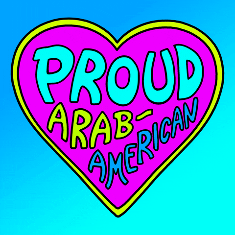 Text gif. Fuchsia heart with aqua, lime green, and sky blue text pulses on a sky blue and aqua background. Text, "Proud Arab-American."