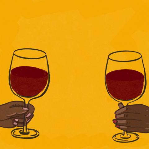 Digital art gif. Two cartoon hands holding wine glasses full of red wine clink the glasses together in a "cheers" motion against a mustard yellow background. Text, "Sip, sip hooray."