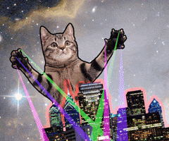 Digital art gif. Cat shoots beams from its paws over a cityscape against a rotating night sky.