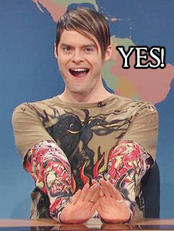 SNL gif. Comedian Bill Hader as Stefon in a Weekend Update skit raises his eyebrows in emphasis and says "Yes!"