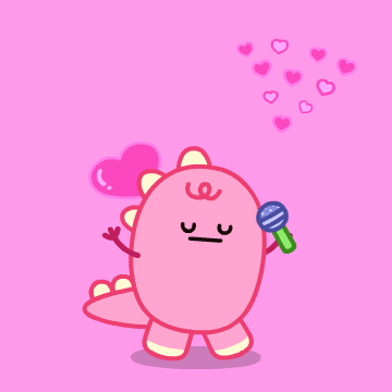 Růžový kreslený gif s pohybujícím se zpívajícím růžovým dráčkem s objevujícími se srdíčky.