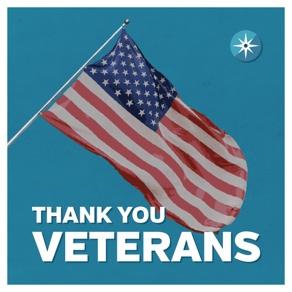 Text gif. An American flag waves in the wind and a blue compass is in the right corner. Text, “Thank you veterans.”