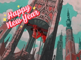 Cartoon gif. Two large bells chime in an ornate tower above an European city. Sparkles dance around the text. Text, “Happy new year.”