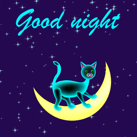 Digital illustration gif. Shiny black cat sits on a rocking crescent moon as stars twinkle around them. Text, "Good night."