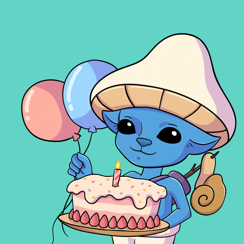 Cartoon gif. Smurf Cat, a blue cat with a mushroom cap as a hat, holds balloons and blows out a candle on a birthday cake. Text, "Happy Birthday!"