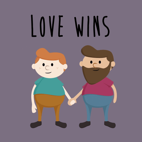 Digital art gif. Two animated men are smiling and holding hands and one of them leans over to kiss the other one on the cheek. Text, "Love wins."