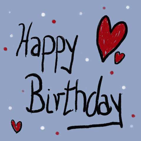 Text gif. Surrounded by dancing hearts and dots are the words, “Happy Birthday.”