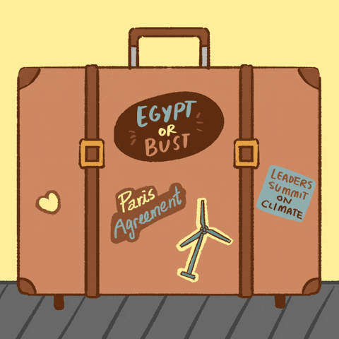 Illustrated gif. Vintage with passport badges reading, "Egypt or bust," "Paris agreement," "Leaders summit on climate," along a wind turbine and a heart.