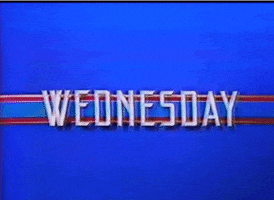 Text gif. Retro 80’s style capitalized text over two red strips flickers with the message, “Wednesday.”