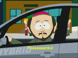South Park gif. Gerald, driving a car, smiles and shoots us a thumbs up as he drives away. Text, "Thaaaanks!"