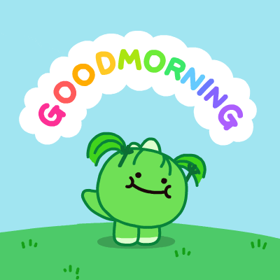 Digital art gif. A green dinosaur like creature sways back and forth happily as cheerful rainbow letters above her reads, "Good Morning."