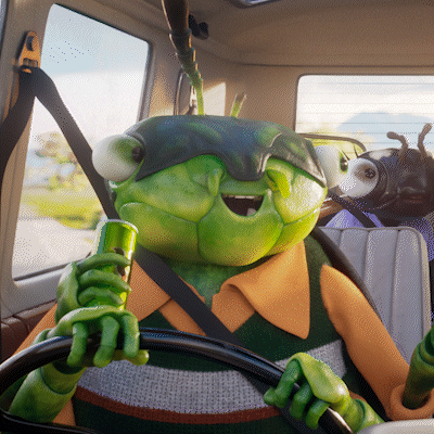 Ad gif. Lime green insect holds up an energy drink while driving a car and hooting. Text, "Yeah boi."
