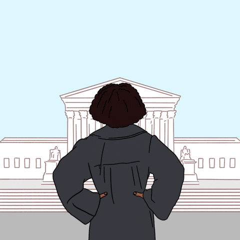 Digital art gif. Illustration of Supreme Court Justice Ketanji Brown Jackson as seen from the back, wearing her robes and her hands on her hips, looking into the distance at the U.S. Supreme Court building. Text, "Black, female and incredibly qualified."