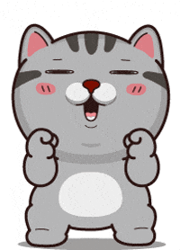 Cartoon gif. A cat with big shiny anime eyes bounces on its knees and pumps its arms excitedly.