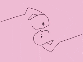 Illustrated gif. Against a soft pink background, two people drawn as outlines that appear identical and mirrored, but reversed, smooch, and a red heart bursts from the center.